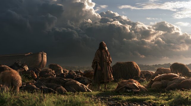 Noah looking up at the sky in a field filled with animals and the ark nearby