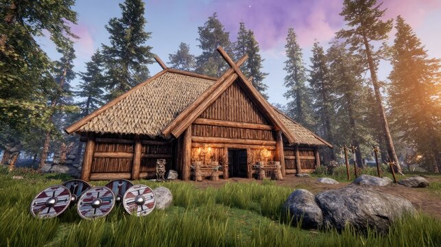 Grand Viking longhouse with massive oak doors open, golden light spilling onto scattered shields and spears, epic Norse atmosphere
