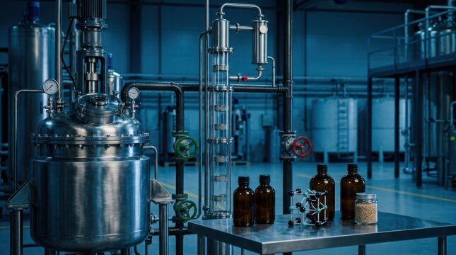 Chemical industry concept with stainless steel reactor, distillation column, amber reagent bottles, molecular model, feedstock pellets, and pipeline valves.