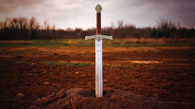 Medieval longsword driven into dark soil, blade reflecting cold overcast sky, cinematic minimalist composition, f/5.6