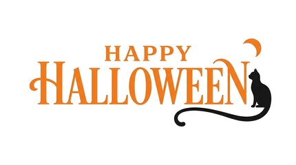 Festive happy halloween lettering with a black cat and glowing pumpkin illustration © MDSAIFUL