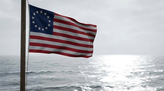 A waving 13 colonies flag hoisted on a wooden pole over a shimmering ocean surface representing american history and independence in a nostalgic style
