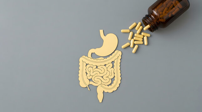 Cardboard cutout of human digestive system on light gray background with yellow capsules spilled from an overturned brown glass bottle featuring human anatomy, stomach, intestines and small intestine