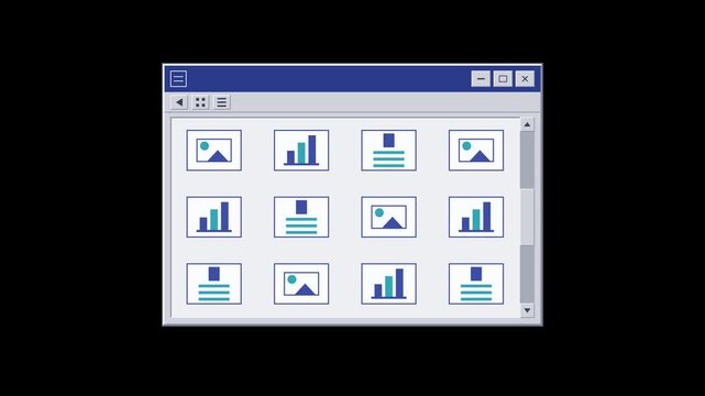 Retro Operating System Window With Grey Bevel Frame, Tile Grid Staggered Pop In And Scroll Thumb Descending, 4K UHD Black Background Luma Key Screen Blend Overlay