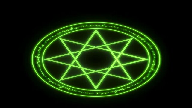 Green Neon Magic Circle Octagram With Rune Ring Ignites And Glows On Black Background, 4K UHD Luma Key Screen Blend Overlay For Fantasy Summoning Scenes
