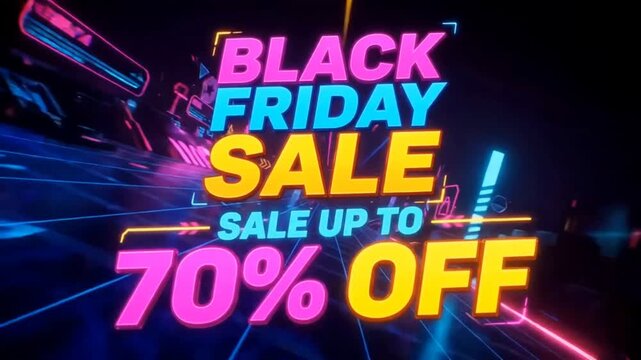 Black Friday Sale neon cyberpunk 3d text animation with sale up to 70 percent off discount promo video background loop