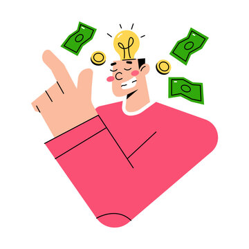 A man with a light bulb and cash flying around his head, symbolizing a brilliant idea and financial success
