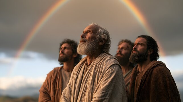 Noah and his sons looking up at a rainbow after the flood