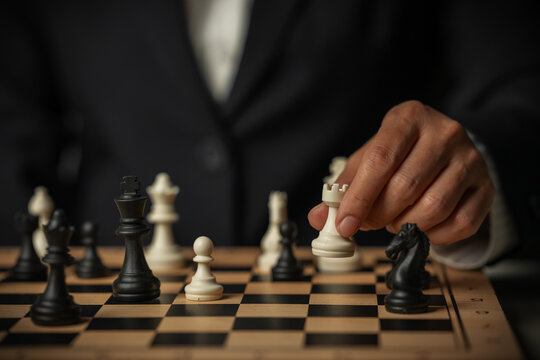 business hand moving a white chess rook on wooden board