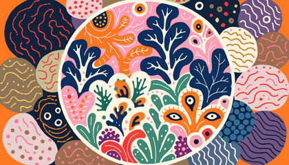 Fototapeta premium Abstract Organic Shapes and Foliage Pattern, Vibrant Retro Colors, Whimsical Botanical Illustration