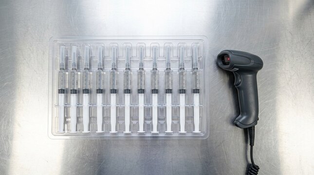 Prefilled Syringe Tray Resting Beside a Small Barcode Scanner on a Counter &ndash; Overhead Flat Lay
