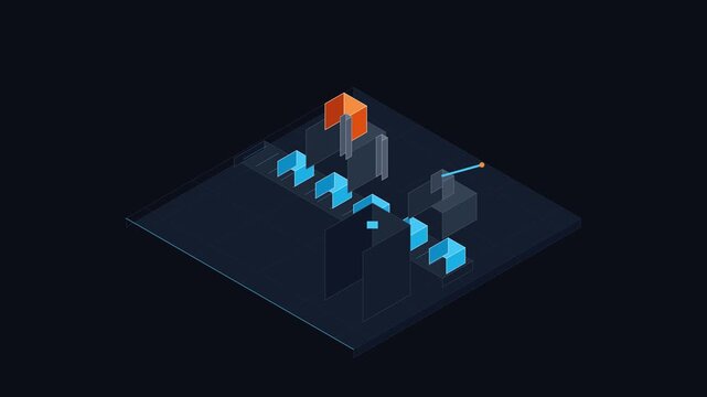 Abstract isometric puzzle game UI featuring glowing blue and orange geometric shapes