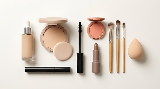 Set of professional makeup products and beauty tools for face skin care and daily cosmetics. basic cosmetics guide