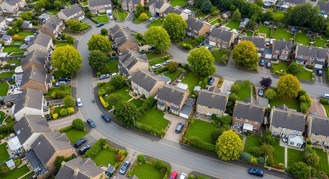 Quiet suburban neighborhood street with houses and green lawns from a high aerial view