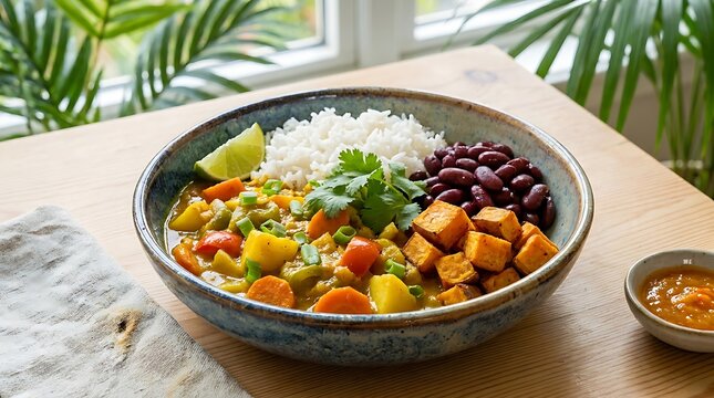 Healthy vegetable curry bowl with rice and black beans served in a dark bowl on a wooden table. Jamaican curry bowl