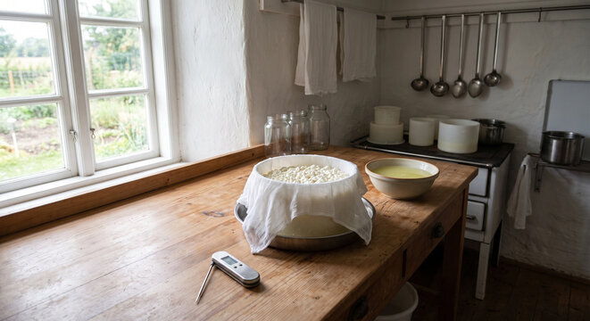 Cheese-making workspace mid-process with draining curds
