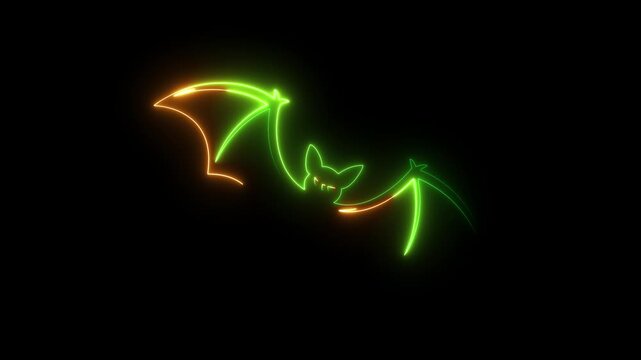 Neon outline of a bat in flight with green and orange glow