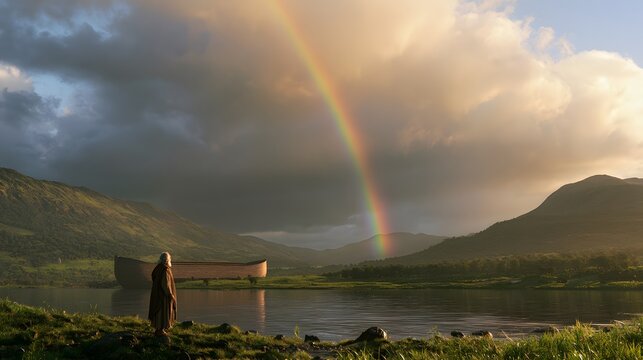 Noah standing alone by a lake watching the ark under a rainbow in a dramatic sky