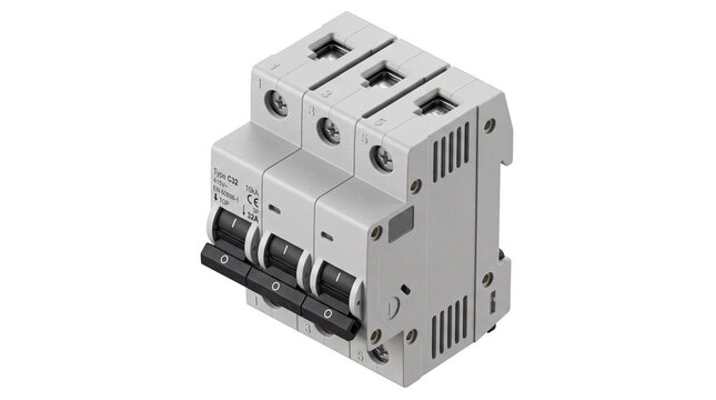 3-Pole Industrial Circuit Breaker Isolated on Transparent Background