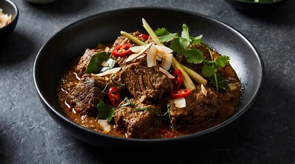 Fototapeta premium Spicy beef curry dish with fresh herbs and chili served in a dark ceramic bowl. Malaysian Cuisine