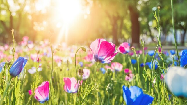 Vibrant English park flower garden in morning light, soft focus foreground blooms, f/4.0 natural ambient glow