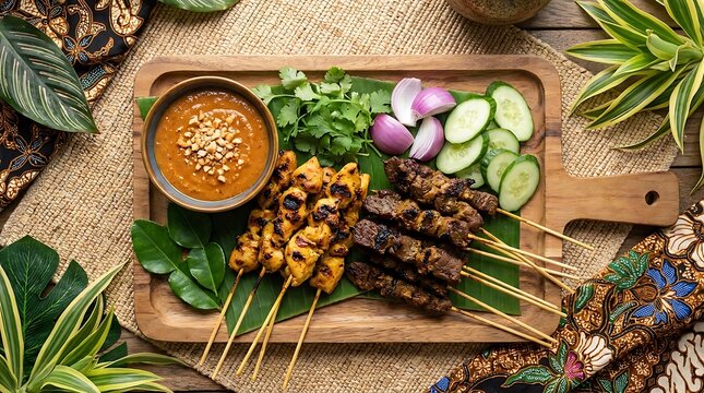 Delicious chicken satay skewers served with peanut sauce and fresh cucumber on a wooden board. Malaysian Cuisine