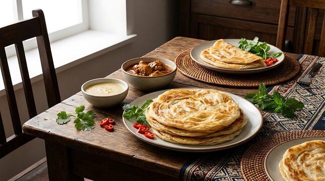 Fresh indian paratha bread served with curry and chutney on a wooden table in a home kitchen. Malaysian Cuisine