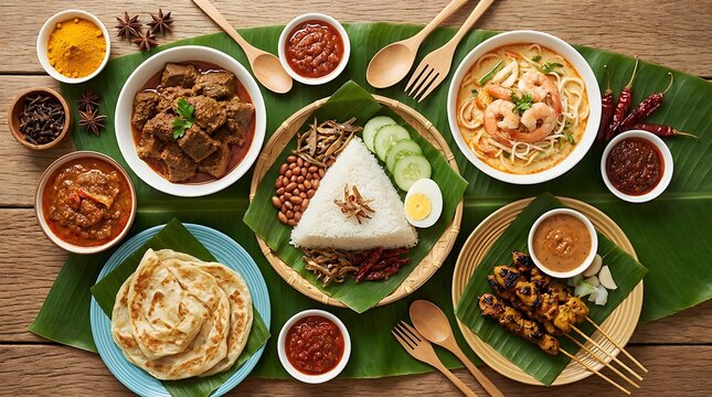 Top view of traditional indonesian nasi lemak and various side dishes on a wooden table. Malaysian Cuisine