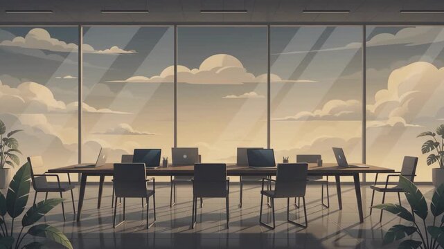 Modern office interior with large windows overlooking a cloudy sky and sunset, empty conference room with laptops and chairs, business setting.