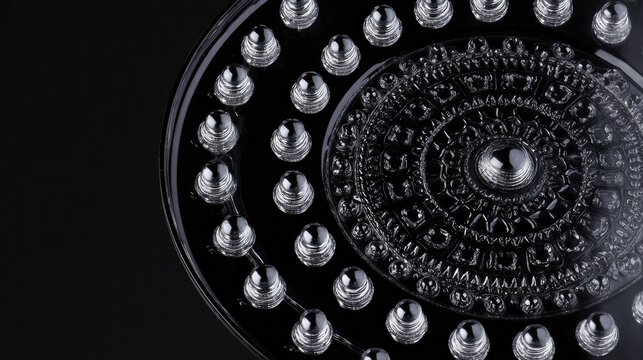 Extreme close-up of shiny metallic circular object, intricate surface details and reflections, f/4.0 studio lighting, scientific aesthetic