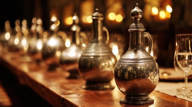 Gleaming pewter flagons on long wooden banquet table, warm candlelight reflections, elegant still life, shallow depth of field