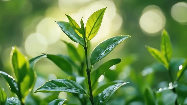 Sunlit young green tea leaves with water droplets in a three-panel bokeh banner