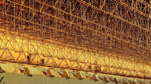 Steel frame construction detail in industrial workshop, structural elements, natural ambient light, f/5.6