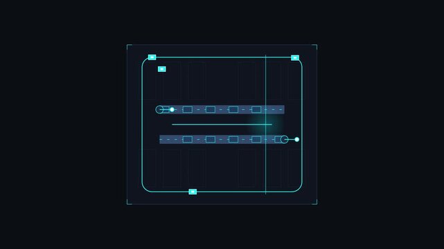 Abstract digital interface graphic with neon cyan lines and geometric wireframe elements