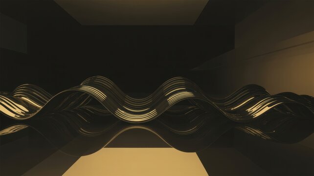 Elegant Twisted Golden Ribbon Wavy Wave Abstract Wireframe Rendering Dark Modern Background