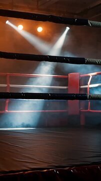 Empty boxing ring under bright spotlights in dark misty gym studio