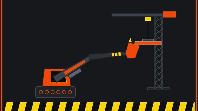 A flat design vector illustration of an excavator and a construction crane