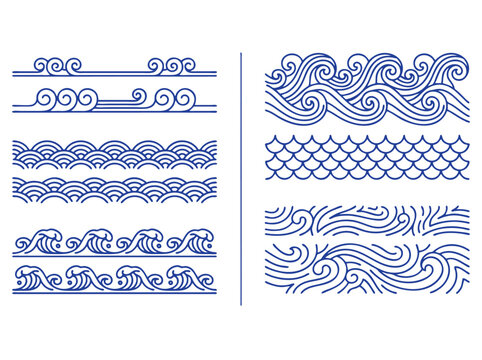 Japanese wave patterns and oriental sea borders, blue line art ocean wave collection, traditional asian water vector ornaments