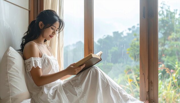 Young woman in white dress reading a book by a window with a lush forest view on a rainy day, enjoying a cozy moment of relaxation and quiet solitude