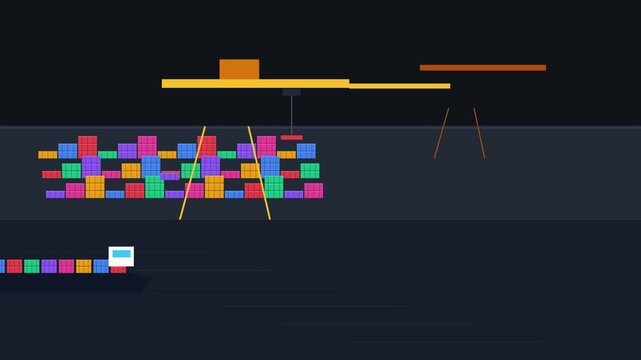 Minimalist graphic illustration of port cargo handling operations at night