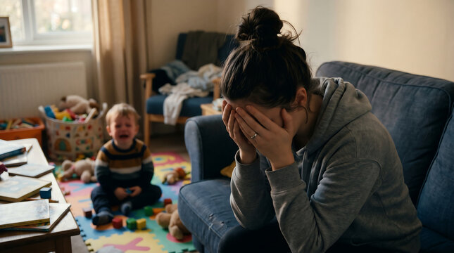 Overwhelmed parent covering face with child crying in messy room Generative AI.