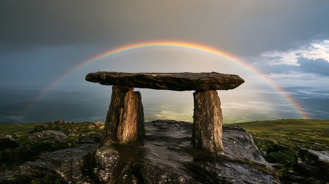 Ancient stone dolmen monument on a mountain peak under a vibrant rainbow at sunset with misty valley views