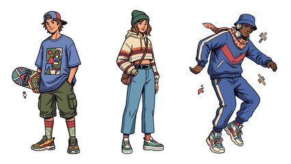 Naklejka premium Three diverse young people in stylish streetwear, one holding a skateboard, showcasing urban fashion and youth culture.