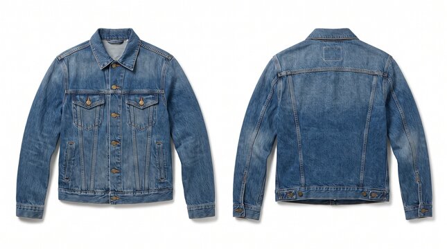 Classic blue denim jacket mock-up, front and back view, isolated on white background