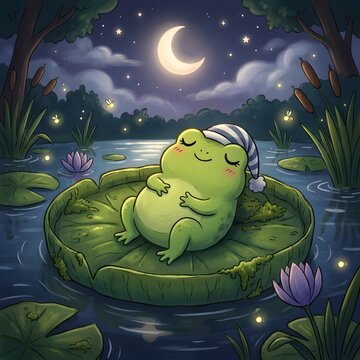 Cute cartoon frog sleeping peacefully on a lily pad at night