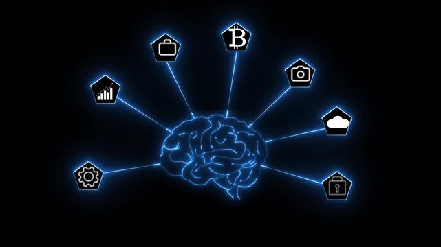 Digital brain concept showing artificial intelligence with connecting icons representing data cloud security business finance bitcoin settings camera analytics neon glowing.