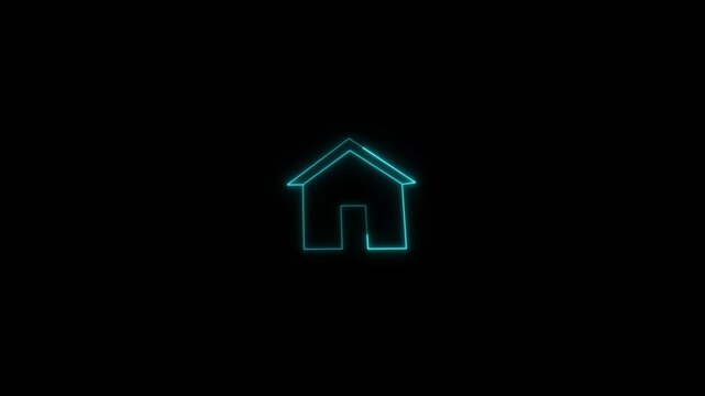 Neon blue house icon glowing on black background with flickering effect animation for real estate concepts home security digital marketing and architectural design projects.