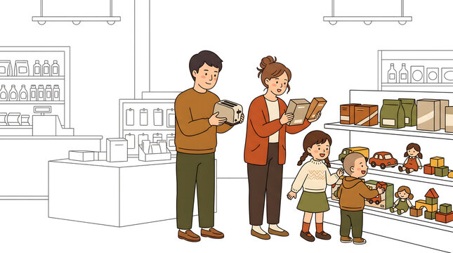 ブラックフライデーの売り場で家電やおもちゃを選びショッピングを楽しむ家族のイラスト
