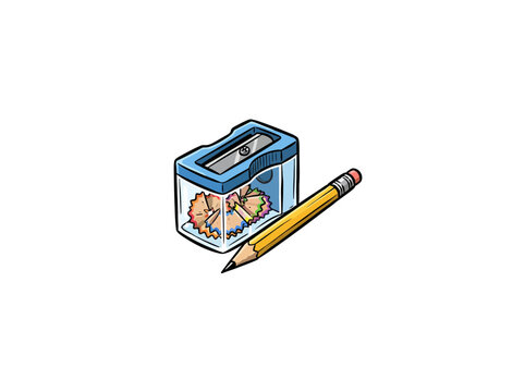 Blue Pencil Sharpener Containing Multicolored Shavings With A Yellow Pencil Resting Beside It Featuring Clear Compartment Details Vector Illustration,