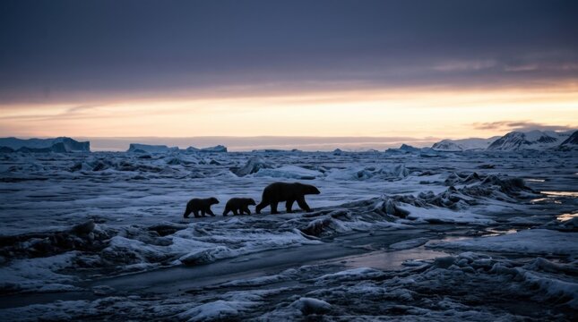 Polar Bear Mother and Cubs Traverse Icy Arctic Landscape at Dusk.